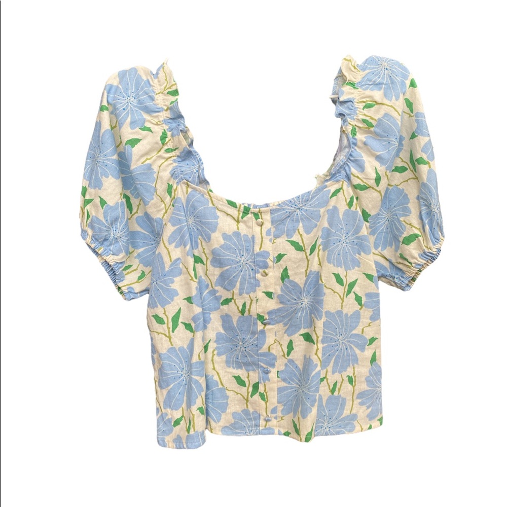 Brand New Blue floral linen square neck blouse size M